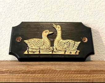 Vintage Brass Duck Key Holder On Black Painted Wood