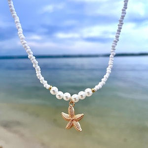 White Beaded Necklace with Pearl Accents & Gold Starfish Charm | Beachy Coastal Necklace | Summer Jewelry | Boho Ocean Gift for Her