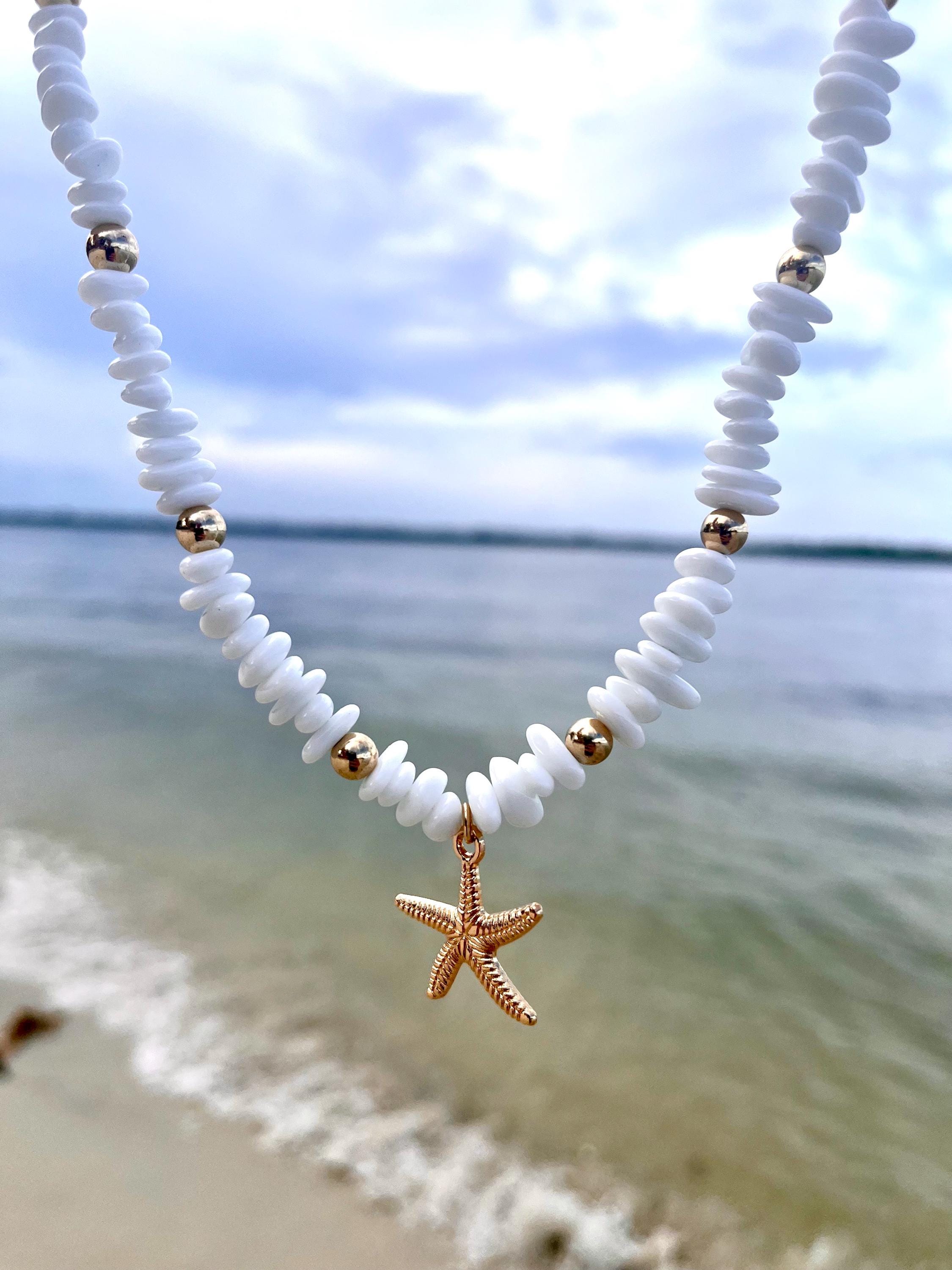 White Beaded Starfish Necklace – Ocean-inspired Choker With Gold