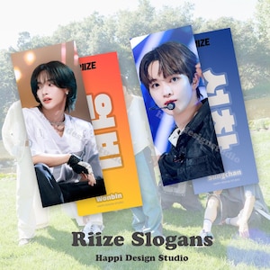 May include: A promotional image featuring three rectangular cards with images of young men. The cards have a gradient color scheme of orange, yellow, and blue. Text on the cards includes names and the phrase "Riize Slogans" with the "Happi Design Studio" logo.