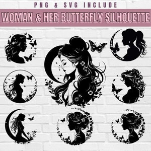 vrouw silhouet svg, vlinder svg, vrouw vlinder shirtontwerp, vrouw silhouet kunst aan de muur, cricut svg, dame silhouet svg, svg bundel