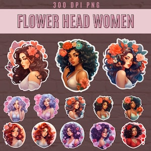 Blumen Frau Aufkleber, Boho Blumenmode, Blumen Gesichter Clipart, bündeln schöne Mädchen, Frauen mit Blumenkopf, Blumen junge Frau Clipart