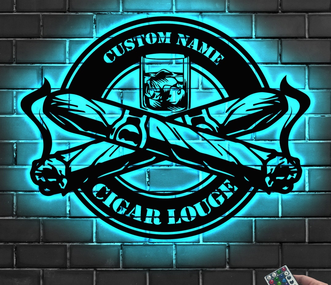 Custom Cigar Lounge Metal Wall Art LED Light Personalized Smoking Cigar ...