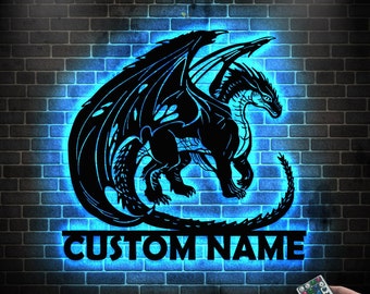 Dragon Metal Wall Art with LED Lights Personalized/ Custom Name Dragon Metal Sign, Dragon Gifts Funny, Boy room Decor Dragon lover Gift