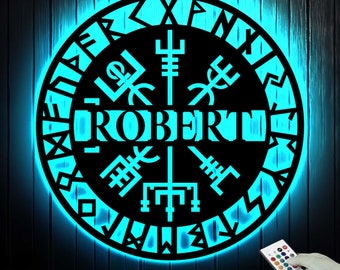 Personalized Viking Metal Sign with Light, Vegvisir Wall Art, Custom Name Room Sign, Viking Compass Wall Decor, Gift for Dad, Son, Husband