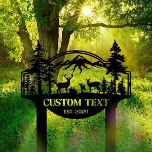 Cartello cervo personalizzato in metallo per esterni, cartello cervo foresta, cartello cervo in metallo con nome personalizzato, cartello cervo in metallo per campeggio, regalo di inaugurazione della casa, arte per esterni