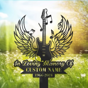 Personalized Acoustic Guitar Angel Wings Memorial Stake, Guitarist Memoria Stake,In Memorial Of,Grave Marker,Remembrance Stake,Sympathy Sign