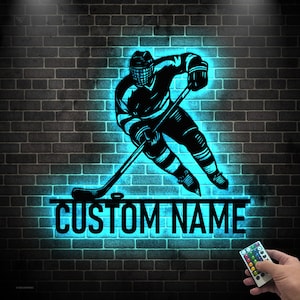 Personalized Hockey Metal Wall Art LED Light, Hockey Player Name Sign, Hockey Wall Decor, Hockey Metal Sign, LED Hockey Stick Metal Wall Art