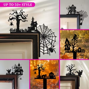 May include: Black metal Halloween decorations featuring spooky silhouettes of haunted houses, trees, spiders, and spiderwebs. The decorations are designed to be placed on corners, adding a festive touch to any space. The text "UP TO 50+ STYLE" is in the top left corner.