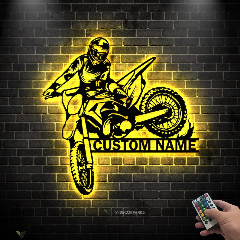 Personalized Motocross Biker Metal Wall Art LED Lights Custom Dirt Bike