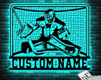 Hockey Goalie Metal Sign With LED Lights, Hockey Player Neon Sign Wall Decor, Hockey Sign, Custom Air Hockey Name Metal Sign, Hockey Gift