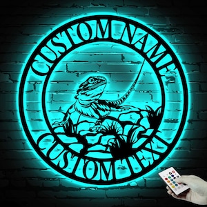 Insegna in metallo personalizzata con drago barbuto, luci a LED, insegna con nome drago barbuto, decorazione murale drago barbuto, regalo drago barbuto, decorazione lucertola geco