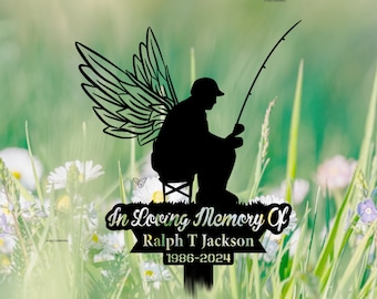 Estaca conmemorativa personalizada de un hombre lanzando una caña de pescar, pesca de lubina, estaca de metal, letrero de condolencias, marcador de tumba, estaca de recuerdo