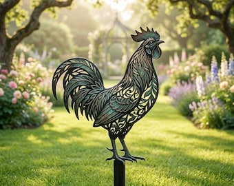 Rooster Metal Garden Stake, Farmhouse Rooster Yard Art, Outdoor Chicken Garden Decor