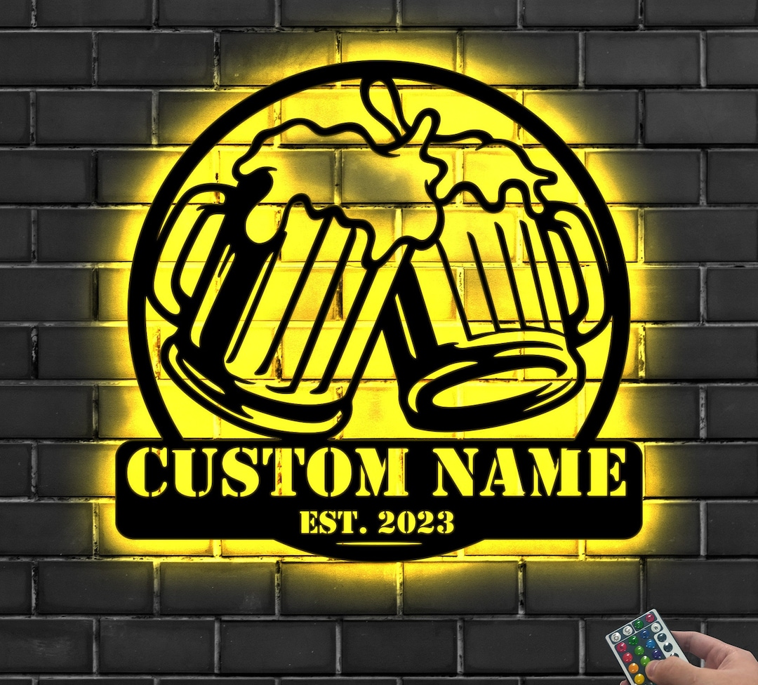 Custom Beer Bar Metal Wall Art LED Light Personalized Beer Mug Cheers ...