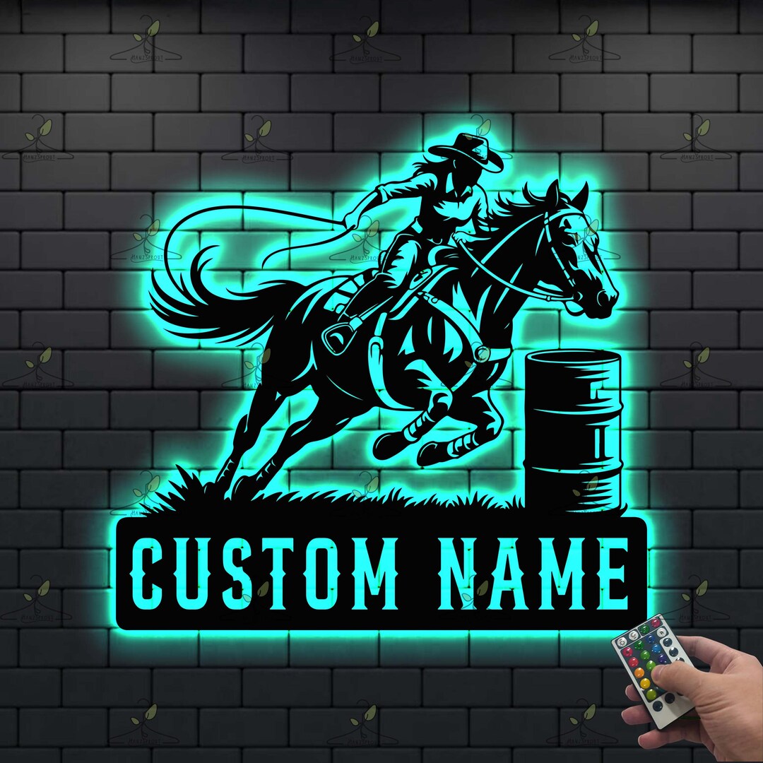 Custom Barrel Racing LED Metal Sign, Personalized Cowgirl Wall Light ...
