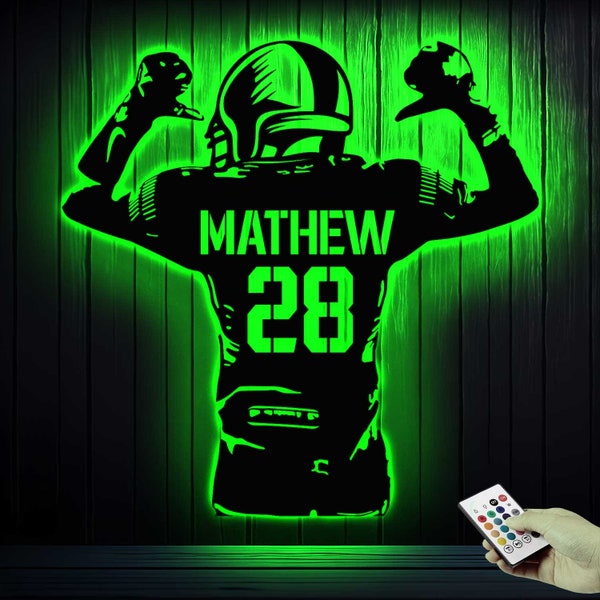 Personalized Football Player Metal Sign LED Lights,Football Room Decor,Football Team Gift,Custom Name Player Metal wall art,Sport Lover Gift