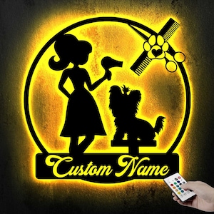 Personalized Dog Grooming Hair Salon Metal Wall Art LED Light, Custom Groomer Name Sign Home Decor, Pet Grooming Decoration Christmas Gift