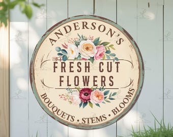 Fresh Cut Flowers Metallschild, personalisiertes Blumenladenschild, Gartendekor, Vintage Blumenwandkunst, Bauernhaus-Blumenmarktschild, Geschenk für Sie
