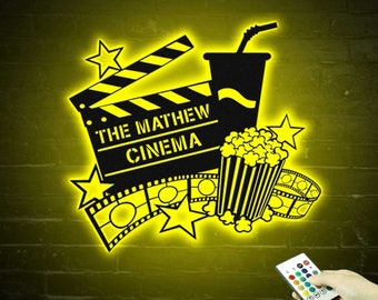 Personalized Movie And Popcorn Metal Wall Art LED Light Custom Family Cinema Home Theater Name Sign Home Decor Man Cave Decoration Birthday