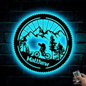 Personalized Mountain Bike Metal Sign LED, Bike Rider Gift,Mountain Bicycle Biking Wall Art, Custom Biker Name Sign, Biker Home Garage Decor