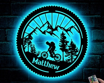 Gepersonaliseerde metalen bord mountainbike, led fietser, cadeau fietser, kunst aan de muur mountainbike, aangepaste naambord fietser, decor biker thuis