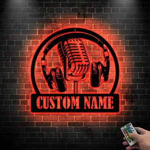 Custom Music Audio Studio Metal Wall Art LED Light, Music Gift,Personalized Microphone Headphones Name Sign,Home Decor Musical Musician Room