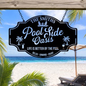 Custom Pool Sign with Family Name, Personalized Poolside Oasis Decor, Outdoor Pool Decor, Tiki Bar Sign, Pool House Decor , Pool Owner Gift