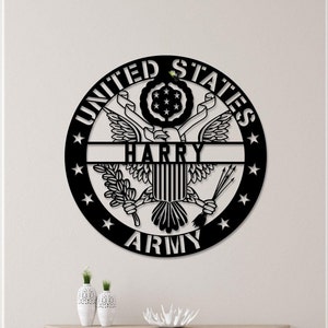 May include: Black metal wall art featuring the United States Army emblem with the name "HARRY" in the center. The circular design includes stars, an eagle, and the words "UNITED STATES ARMY". A decorative piece for military enthusiasts.
