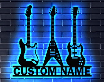 Custom Guitar Player Metal Wall Art LED Light Personalized Guitarist Name Sign Home Decor Music Room Kids Nursery Decoration Birthday Xmas