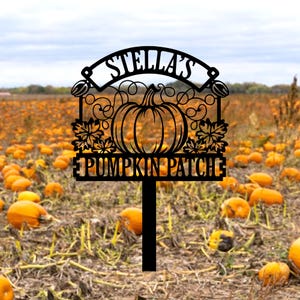 Könnte beinhalten: Schwarzes Metallschild mit dem Text "STELLA'S PUMPKIN PATCH" und einem Kürbisdesign. Das Schild befindet sich auf einem Kürbisfeld mit vielen orangefarbenen Kürbissen. Der Himmel ist bewölkt.