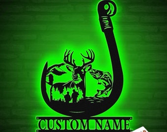 Letrero de metal personalizado para caza y pesca de ciervos, con luz LED, ideal para decorar el hogar. Regalos de inauguración de la casa.