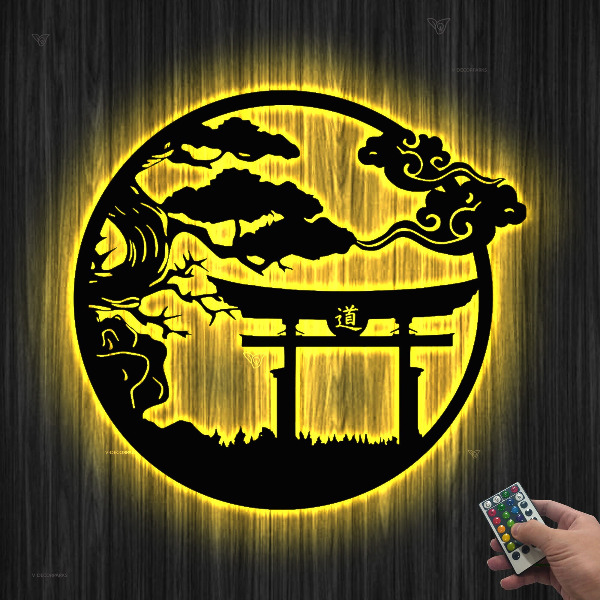 Torii Gate Art Bonsai Tree Metal Wall Sign LED, Japanese Theme