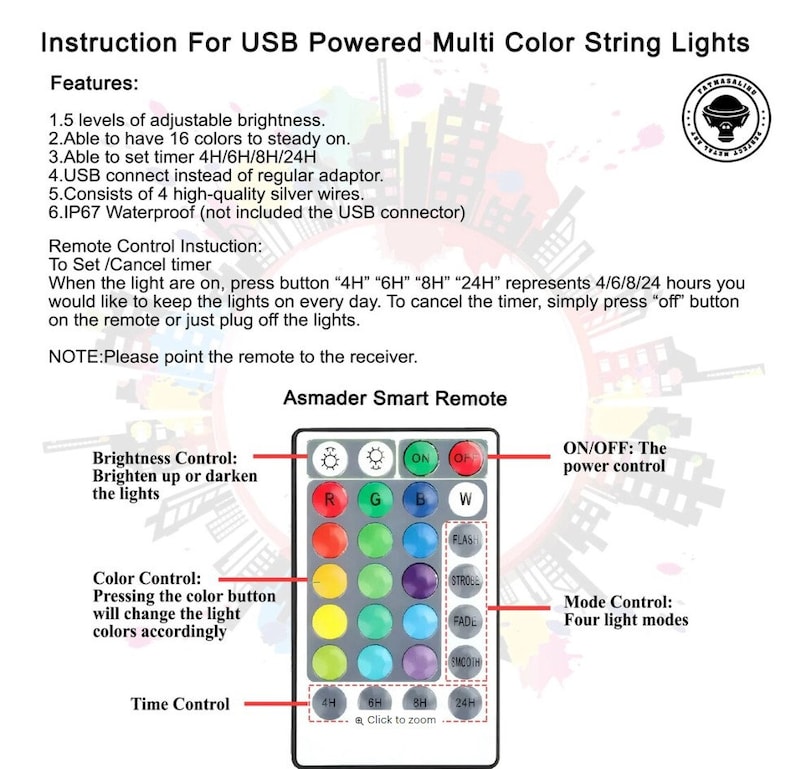 May include: A white remote control with a black and gray button pad. The remote has buttons for on/off, brightness, color selection, and timer settings. The text on the remote reads "Asmader Smart Remote", "ON/OFF: The power control", "Brightness Control: Brighten up or darken the lights", "Color Control: Pressing the color button will change the light colors accordingly", "Time Control", "4H", "6H", "8H", "24H", "Mode Control: Four light modes", "FLAS", "STROBE", "FADE", "SMOOTH", "Click to zoom".