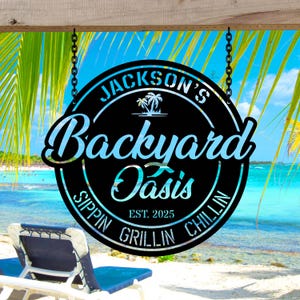 Personalized Backyard Pool Metal Sign, Outdoor Decor, Pool Signs for Outdoor, Custom Backyard Bar And Grill Sign Decor Poolside Oasis Sign