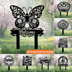 Letrero de bienvenida de jardín personalizado, letrero con nombre de jardín personalizado, decoración de jardín de granja, regalo para mamá/abuela, decoración al aire libre Mariposa, Flor