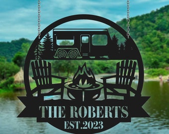 Personalized RV Trailer Metal Sign, Custom Camping Name Metal Wall Art For Campsite Decor, Happy Campers Sign, Camper Gift, Camping Sign
