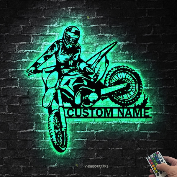Personalized Motocross Biker Metal Wall Art LED Lights Custom Dirt Bike Name Sign Home Motorcycle Decor Rider Decoration Man Cave Christmas