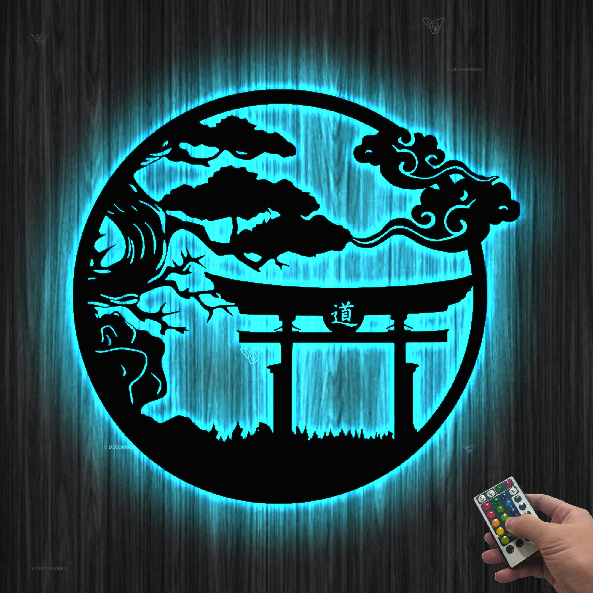 Torii Gate Art Bonsai Tree Metal Wall Sign LED, Japanese Theme