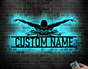 PersonalizedMan Swimmer Metal Wall Art LED Light, Custom Swimming Butterfly Stroke Swim Team Name Sign, Home Decor Nursery Decoration Xmas