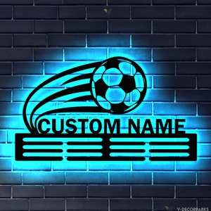 Custom Name Soccer Medal Hanger with Led Light,  Soccer Team Gift Decor, Medal Holder Display Rack for Awards and Ribbons, Tiered Award Rack