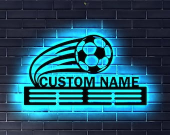 Custom Name Soccer Medal Hanger with Led Light,  Soccer Team Gift Decor, Medal Holder Display Rack for Awards and Ribbons, Tiered Award Rack