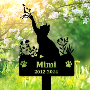 Custom Cat Memorial Stake with Flowers, Loss of Cat Sympathy Gift, Cat Garden Stake, Cat Metal Grave Marker, Personalized Cat Cemetery Stake