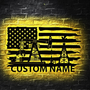 Custom Oil Field Name Sign Led Light, Personalized US Flag Oil Rig Metal Wall Art Decoration Hanging For Home, American Oilfield Decor Gift