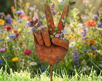 Blumen-Peace-Zeichen Gartendekoration, Wildblumen-Metall-Yard-Pfahl, rustikale Kunst im Freien