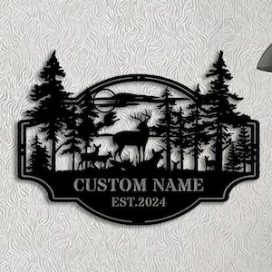Letrero de metal personalizado con diseño de ciervos en el bosque, letrero personalizado con el nombre de la familia de los ciervos, letrero de ciervo, decoración de granja, letrero de granja, letrero para exteriores, pavo, ciervo, metal