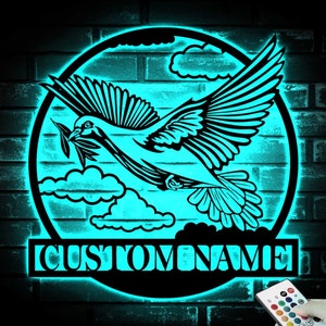 Personalized Pigeon Peace Bird Metal Wall Art LED Light, Custom Dove Pet Homing Bird Name Sign, Pigeon for Home Decor & Gift, Pigeon Lover