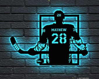 Custom Hockey Name & Number Wall Art LED Light, Hockey Gifts For Boys Bedroom, Personalized Metal Hockey Sign With LED, Gift For Man, Hockey