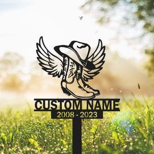 Custom Name Cowboy Memorial Stake, Cowboy Boot Hat With Wings, Cowboy Sympathy Gift, Memorial Plaque, Country Western Theme Grave Plaque