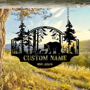 Bear Metal Sign Personalized, Bear In Woods Cabin Sign, Last Name Signs for Home,Family Name Black Bear Sign, Custom Bear Sign Dad Gift Sign